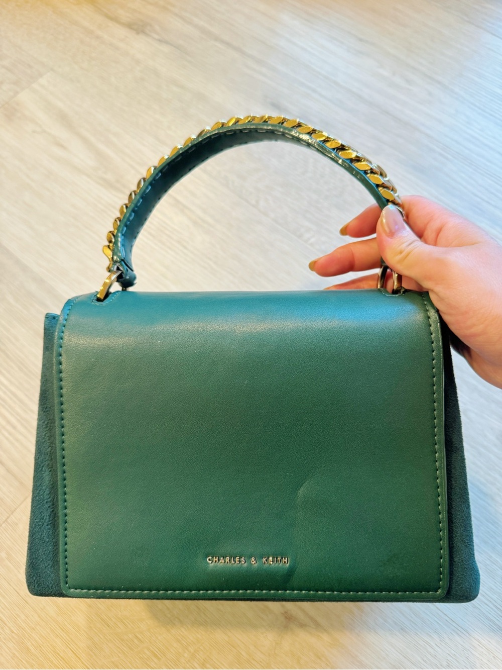 Charles & Keith Green Top-Handle Satchel with Gold Chain